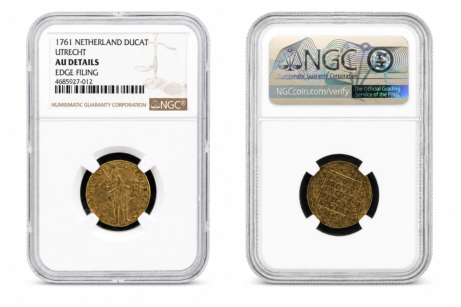 Ducado de oro de Utrecht de 1761 en cápsula NGC, anverso con caballero de pie y reverso con tablilla de leyenda