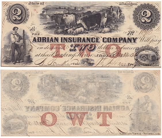 Billete obsoleto de dos dólares de The Adrian Insurance Company, Míchigan, anverso y reverso