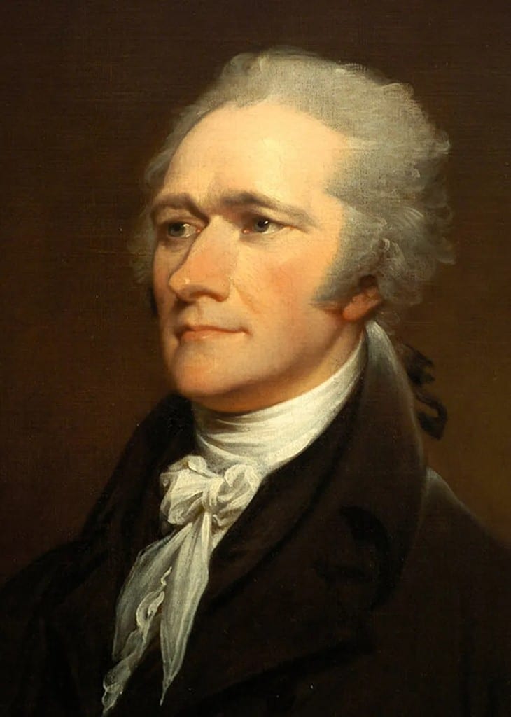 Retrato al óleo de Alexander Hamilton con casaca oscura y corbata blanca