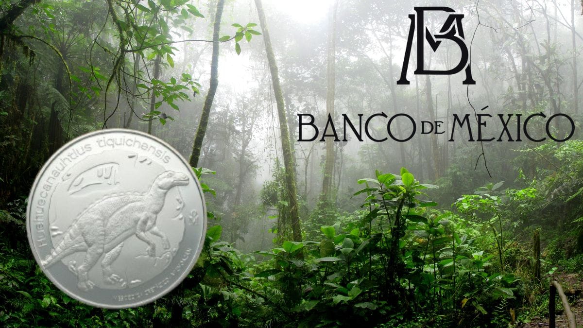 Medalla plateada con el dinosaurio Huehuecanauhtlus tiquichensis frente a un fondo de selva y el logo del Banco de México