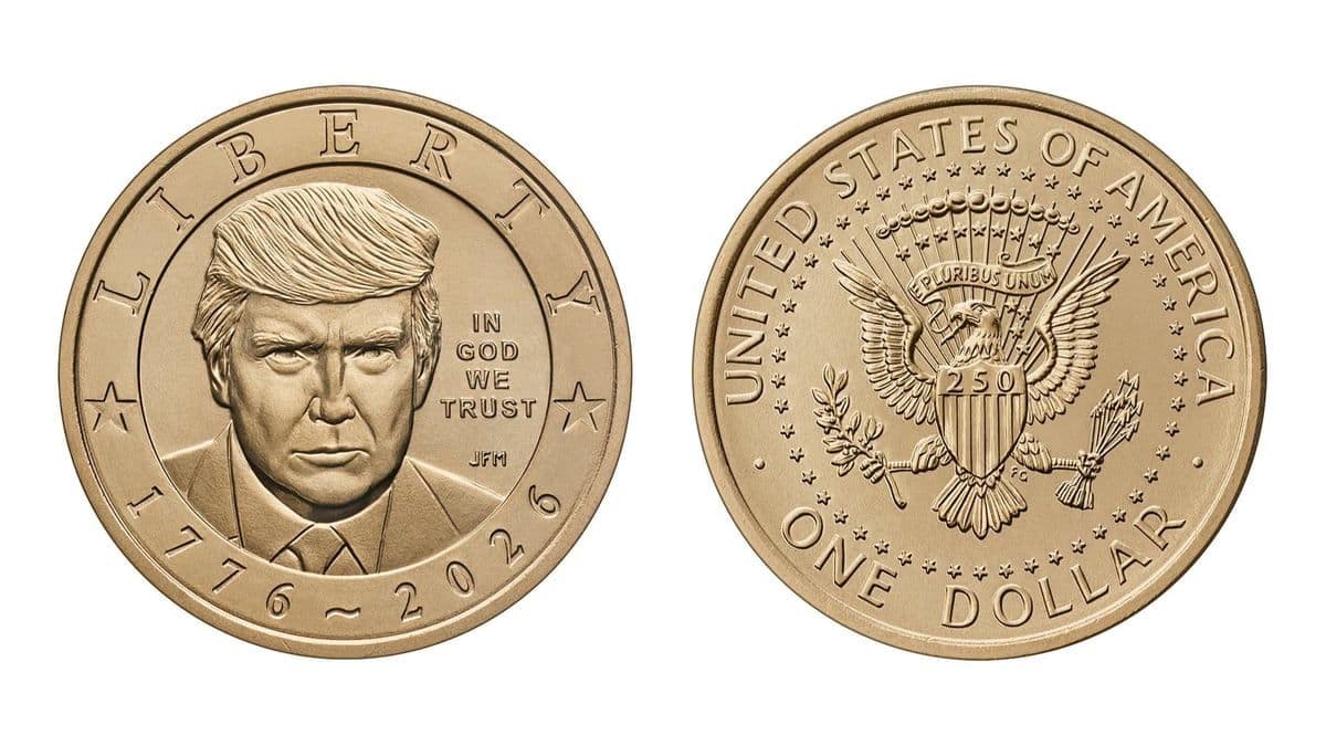 Moneda conmemorativa privada de un dólar alusiva al 250.º aniversario de la independencia de Estados Unidos (1776-2026), con un retrato en el anverso y el sello presidencial en el reverso