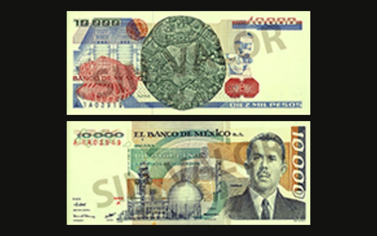 Anverso y reverso del billete mexicano de 10.000 pesos de la Familia A con Lázaro Cárdenas y Coyolxauhqui