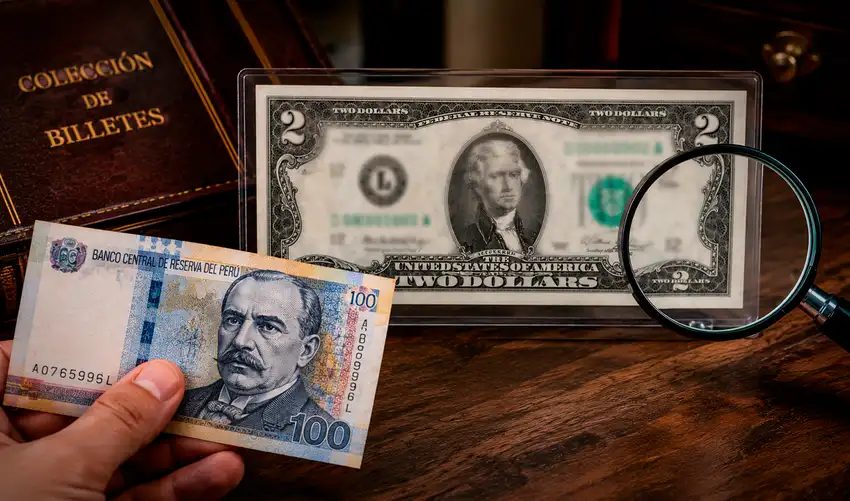 Billete de dos dólares estadounidense junto a un billete peruano de 100 soles y una lupa, ilustrando el coleccionismo de papel moneda