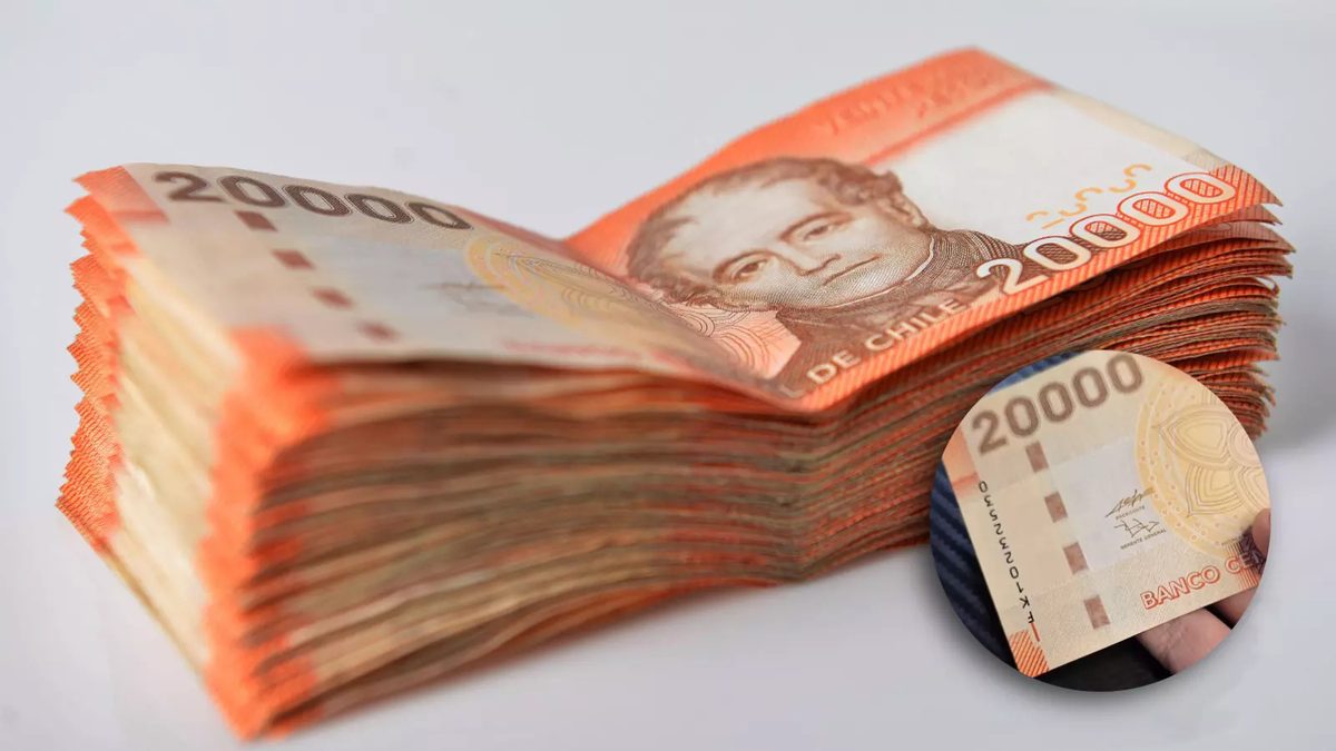Pila de billetes chilenos de 20.000 pesos con Andrés Bello y detalle del margen con serie vertical