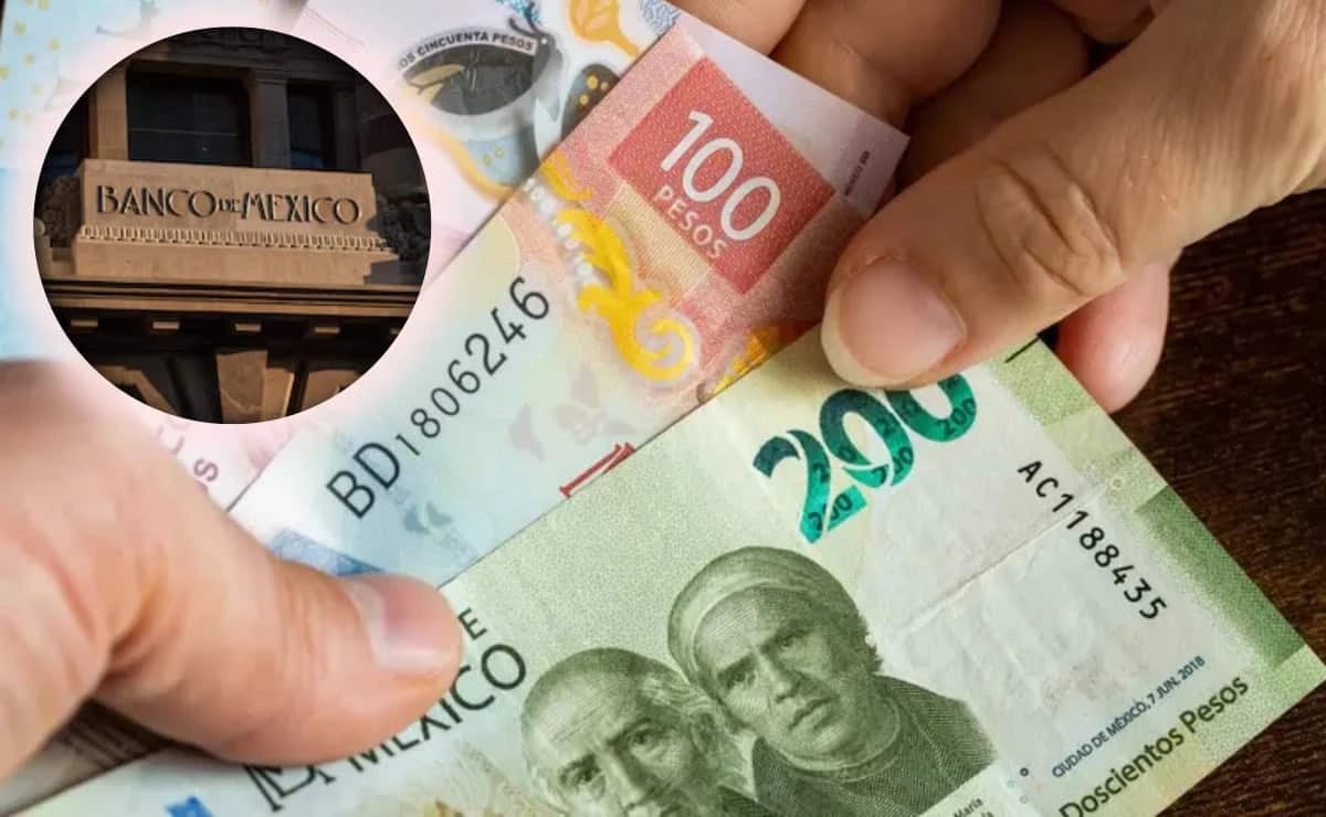 Manos muestran billetes mexicanos de 50, 100 y 200 pesos, con un recuadro circular de la fachada del Banco de México