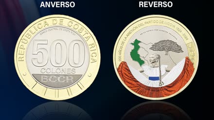 Anverso y reverso de la moneda bimetálica de ₡500 por los 200 años de la Anexión del Partido de Nicoya (1824-2024)