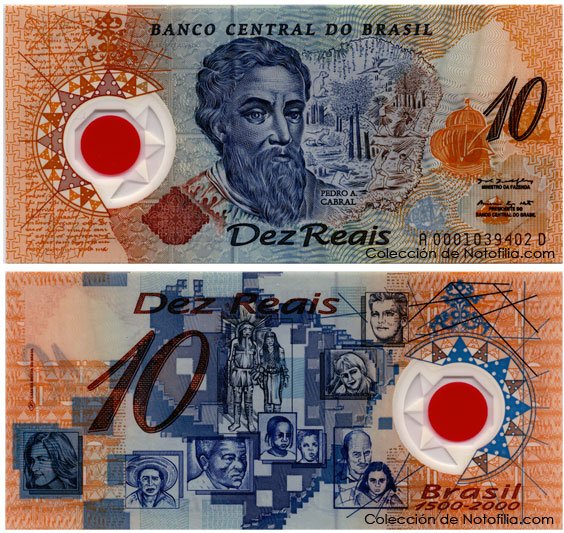 Billete conmemorativo de 10 Reais de polímero de Banco Central do Brasil, año 2000