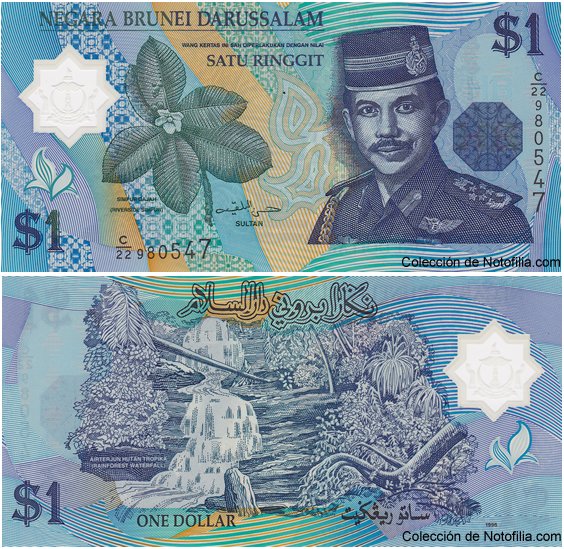 Billete de 1 Ringgit de polímero de Negara Brunei Darussalam, anverso arriba con retrato del Sultán Hassanal Bolkiah y la planta Simpur Gajah, reverso abajo con una cascada en la selva tropical