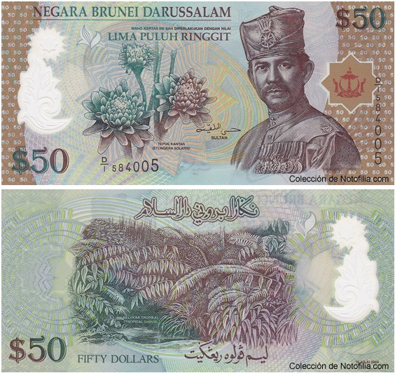Billetes de polímero de Negara Brunei Darussalam: 1, 5, 10, 50 y 100 Ringgit, emisión de 2004