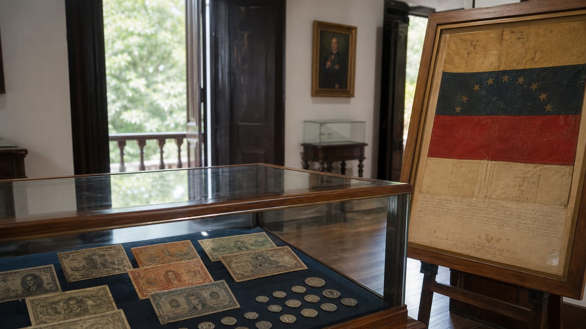 Vitrina con billetes y monedas venezolanas junto a una bandera tricolor enmarcada en una sala de museo
