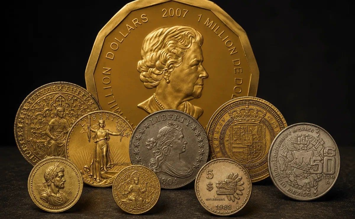 Composición de nueve monedas históricas de oro y plata, entre ellas el Big Maple Leaf, el dólar de 1804 y piezas mexicanas de Quetzalcóatl y Coyolxauhqui