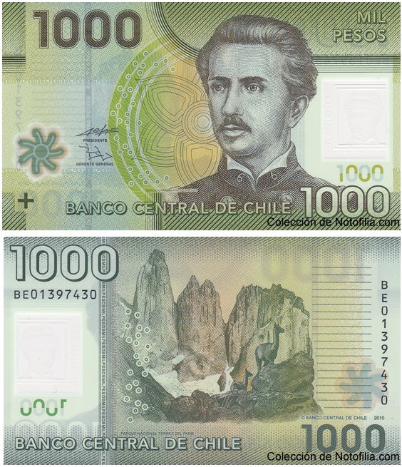 Billete de 1.000 pesos de polímero de Banco Central de Chile, anverso arriba con retrato de Ignacio Carrera Pinto, reverso abajo con las Torres del Paine y un guanaco
