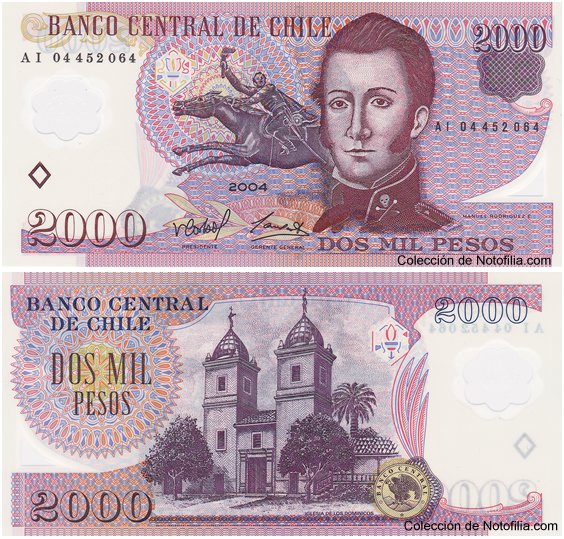 Billete de 2.000 pesos de polímero de Banco Central de Chile, serie original de 2004, anverso arriba con retrato de Manuel Rodríguez y viñeta ecuestre, reverso abajo con la Iglesia de Los Dominicos en Santiago