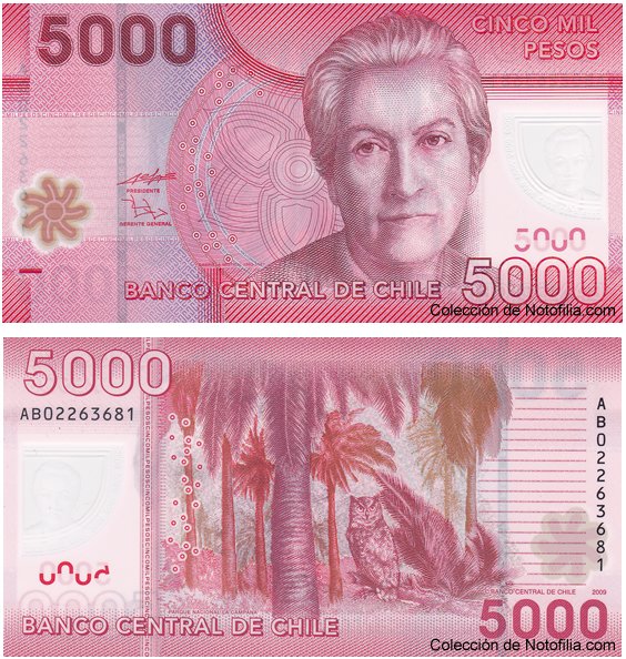 Billete de 5.000 pesos de polímero de Banco Central de Chile, serie Bicentenario, anverso arriba con retrato de Gabriela Mistral, reverso abajo con palmas chilenas del Parque Nacional La Campana y un tucúquere