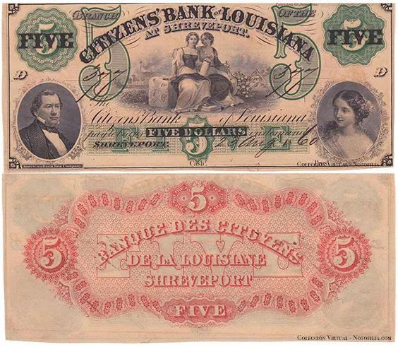 Billete obsoleto de cinco dólares del Citizens' Bank of Louisiana, sucursal de Shreveport, anverso y reverso, 1860