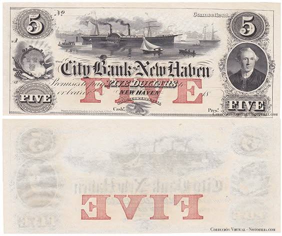 Billete obsoleto de cinco dólares del City Bank of New Haven, Connecticut, anverso y reverso