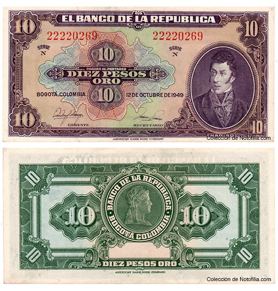 Billete de Diez Pesos Oro de El Banco de la República, Colombia, fechado 12 de octubre de 1949, con el retrato de Antonio Nariño, impreso por American Bank Note Company