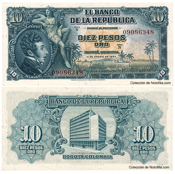 Billete de Diez Pesos Oro de El Banco de la República, anverso y reverso, con el retrato de Antonio Nariño