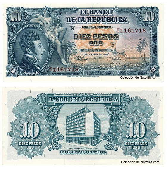 Billete de Diez Pesos Oro de El Banco de la República, Colombia, fechado 1 de enero de 1960, con el retrato de Antonio Nariño y la figura de Mercurio