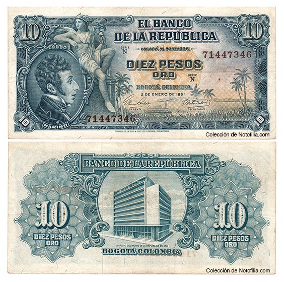 Billete de Diez Pesos Oro de El Banco de la República, Colombia, fechado 2 de enero de 1961, con el retrato de Antonio Nariño y la figura de Mercurio