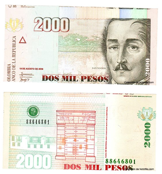 Billete de Dos Mil Pesos de El Banco de la República, anverso y reverso, con el retrato de Santander, mostrando un error de corte descentrado