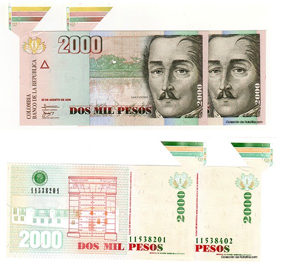 Billete de Dos Mil Pesos de El Banco de la República, anverso y reverso, con el retrato de Santander, mostrando un error de corte mariposa