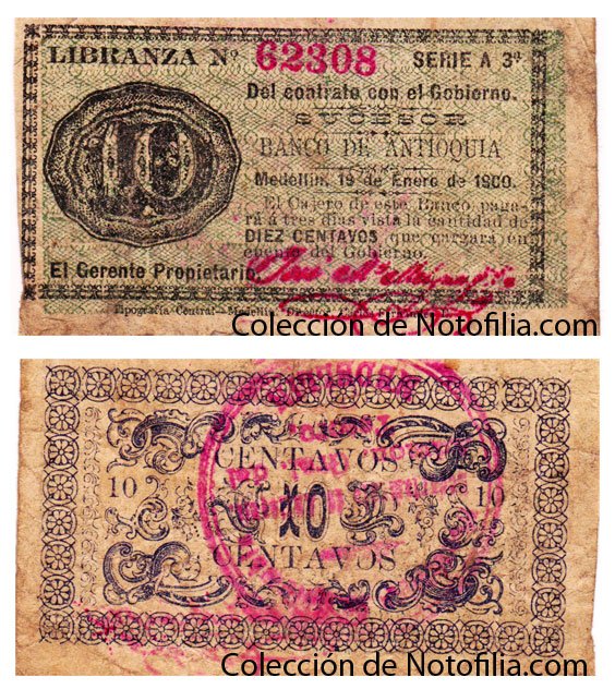 Libranza de Diez Centavos del sucesor del Banco de Antioquia, anverso y reverso