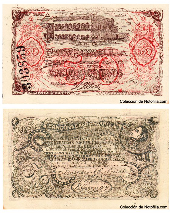 Billete de Cincuenta Centavos del Banco de Barranquilla, anverso y reverso
