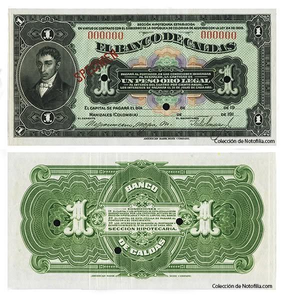 Cédula hipotecaria especimen de Un Peso Oro Legal de El Banco de Caldas, Manizales, anverso y reverso
