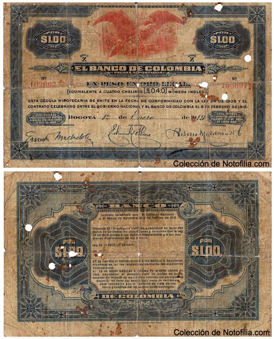 Cédula hipotecaria de Un Peso Oro de El Banco de Colombia, anverso y reverso