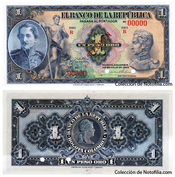 Billete especimen de Un Peso Oro de El Banco de la República, anverso y reverso, con los retratos de Santander y Bolívar