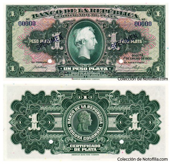 Billete especimen de Un Peso Plata (Certificado de Plata) de El Banco de la República, Colombia, fechado 1 de enero de 1932, anverso con el retrato de Santander, y reverso con la Libertad