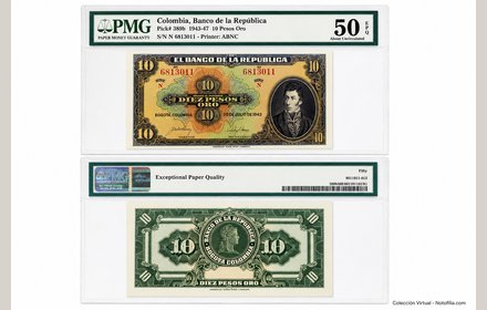 Billete encapsulado PMG de 10 pesos oro del Banco de la República, 20 de julio de 1943, Pick 389b, anverso y reverso con retrato de Antonio Nariño