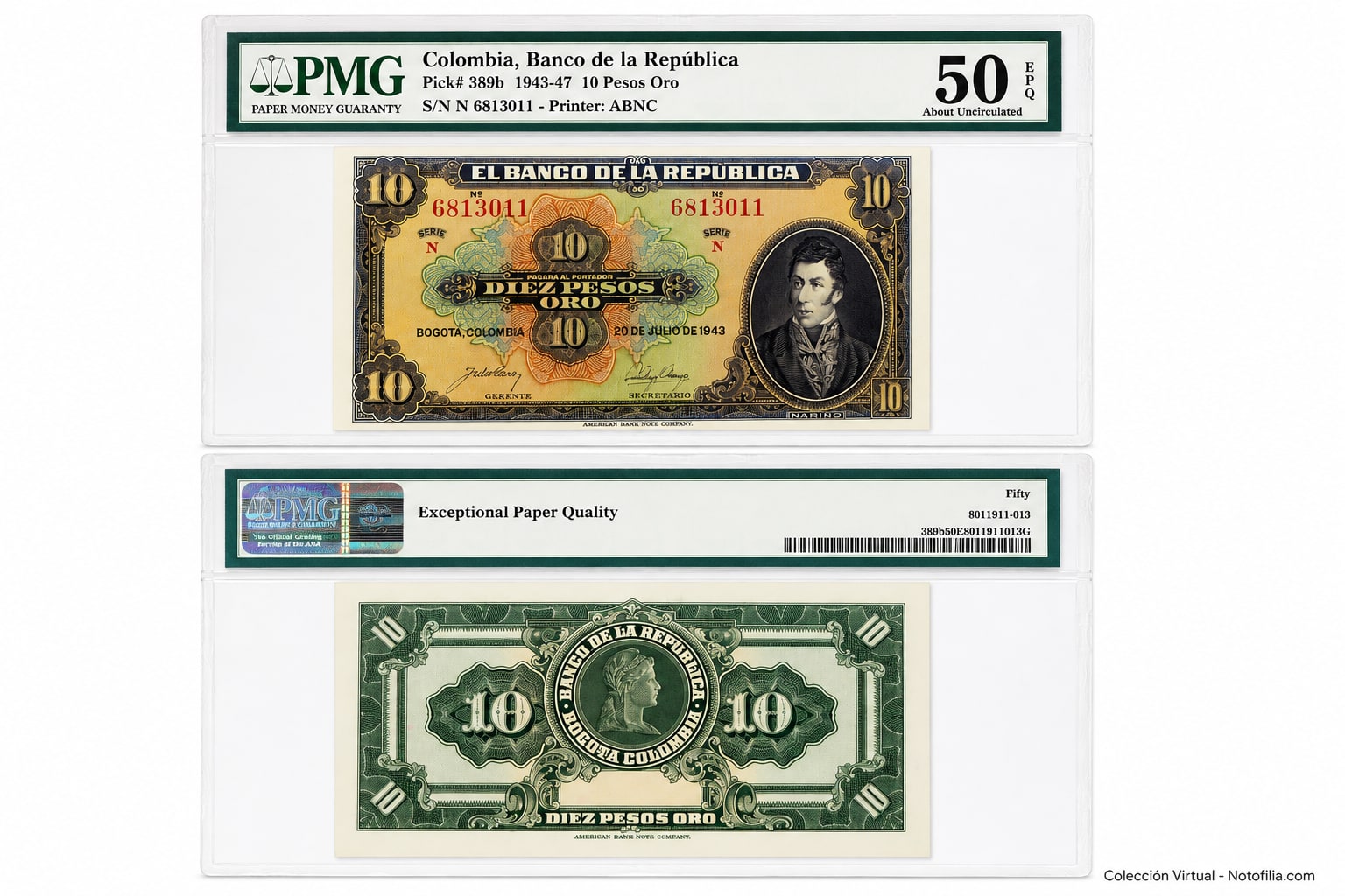 Billete encapsulado PMG de Diez Pesos Oro de El Banco de la República, 20 de julio de 1943, Pick 389b, anverso y reverso, con el retrato de Antonio Nariño