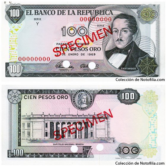 Billete especimen de Cien Pesos Oro de El Banco de la República, Colombia, fechado 2 de enero de 1969, con el retrato de Santander y el Capitolio Nacional en el reverso