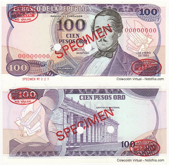 Billete especimen de Cien Pesos Oro de El Banco de la República, anverso y reverso, con el retrato de Santander