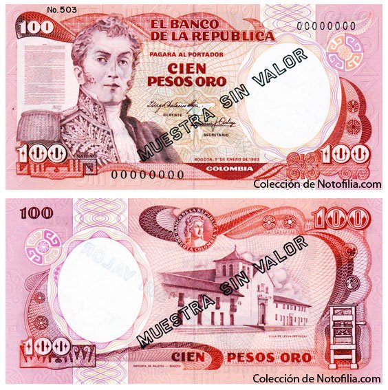 Billete especimen de Cien Pesos Oro de El Banco de la República, Colombia, fechado 1 de enero de 1983, con el retrato de Santander y la Villa de Leyva en el reverso