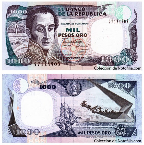 Billete de Mil Pesos de El Banco de la República, anverso y reverso, con el retrato de Simón Bolívar