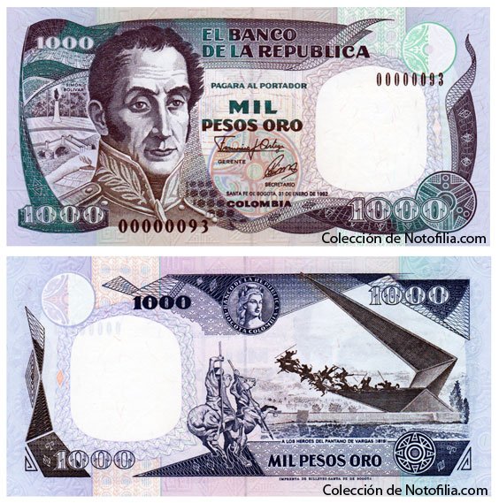 Billete de Mil Pesos Oro de El Banco de la República, Colombia, fechado 31 de enero de 1992, con el retrato de Simón Bolívar