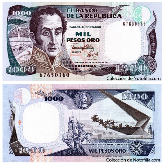 Billete de Mil Pesos Oro de El Banco de la República, Colombia, fechado 1 de abril de 1992, con el retrato de Simón Bolívar