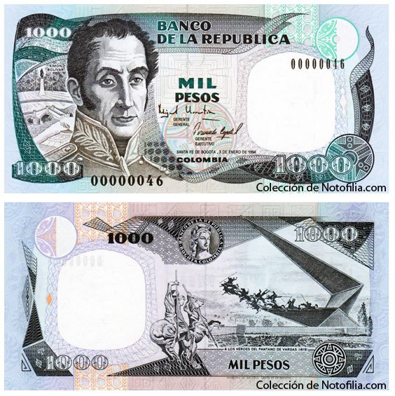 Billete de Mil Pesos de El Banco de la República, Colombia, fechado 3 de enero de 1994, con el retrato de Simón Bolívar