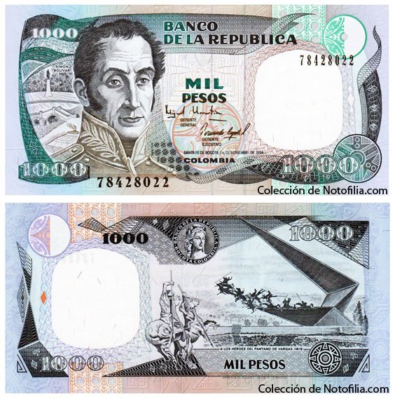 Billete de Mil Pesos de El Banco de la República, Colombia, fechado 2 de noviembre de 1994, con el retrato de Simón Bolívar