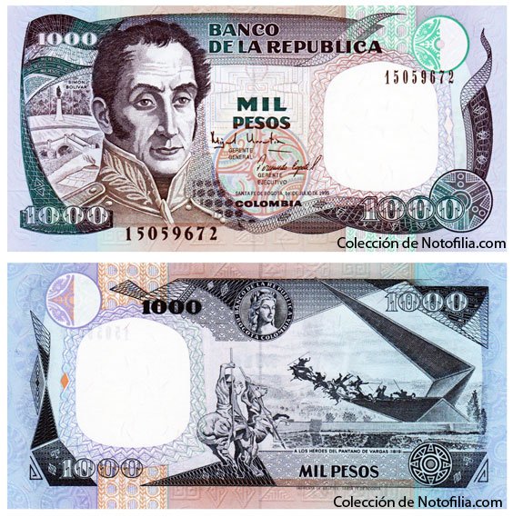 Billete de 1.000 pesos de 1995 del Banco de la República de Colombia con el retrato de Simón Bolívar