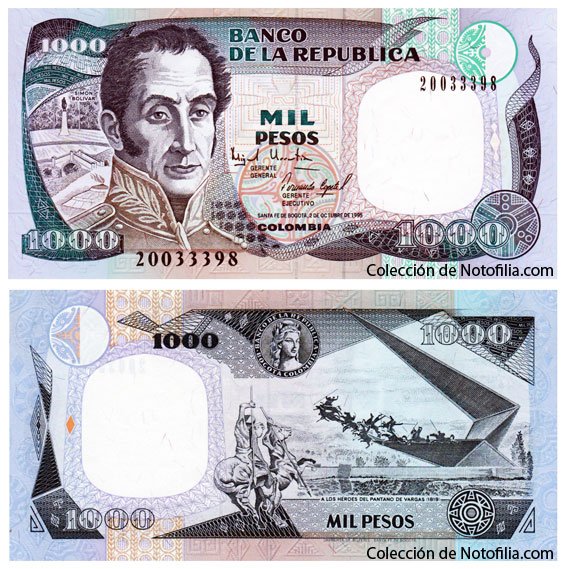 Billete de Mil Pesos de El Banco de la República, Colombia, fechado 2 de octubre de 1996, con el retrato de Simón Bolívar