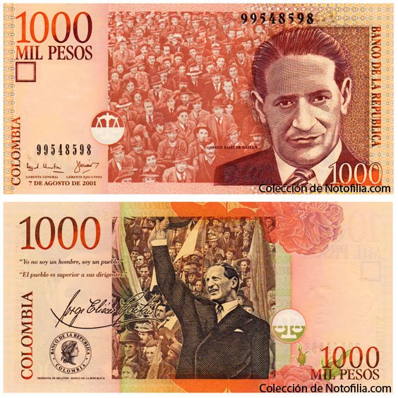 Billete de Mil Pesos de El Banco de la República, Colombia, fechado 7 de agosto de 2001, con el retrato de Jorge Eliécer Gaitán
