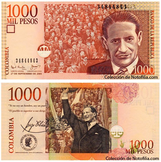 Billete de Mil Pesos de El Banco de la República, Colombia, fechado 27 de septiembre de 2001, con el retrato de Jorge Eliécer Gaitán