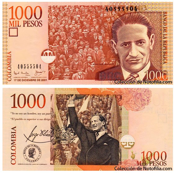 Billete de Mil Pesos de El Banco de la República, Colombia, fechado 17 de diciembre de 2001, con el retrato de Jorge Eliécer Gaitán