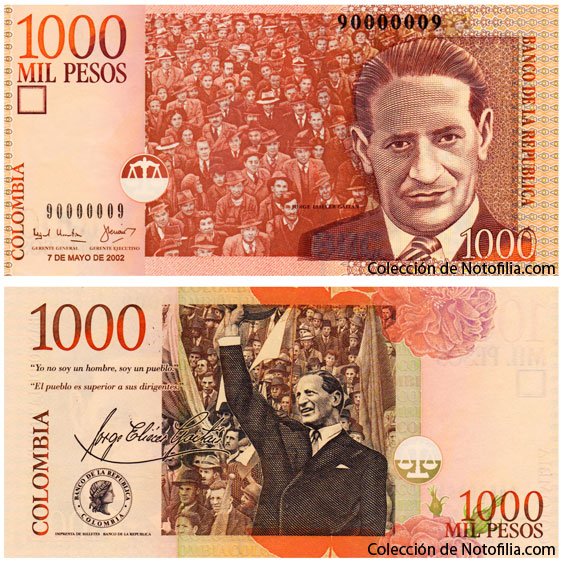 Billete de Mil Pesos de El Banco de la República, Colombia, fechado 7 de mayo de 2002, con el retrato de Jorge Eliécer Gaitán