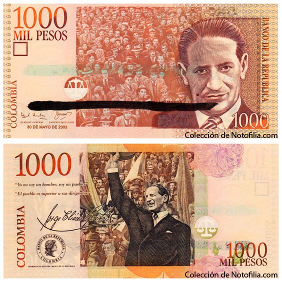 Billete de Mil Pesos de El Banco de la República, Colombia, fechado 30 de mayo de 2003, con un error de impresión: una barra de tinta negra cubre el área de las firmas