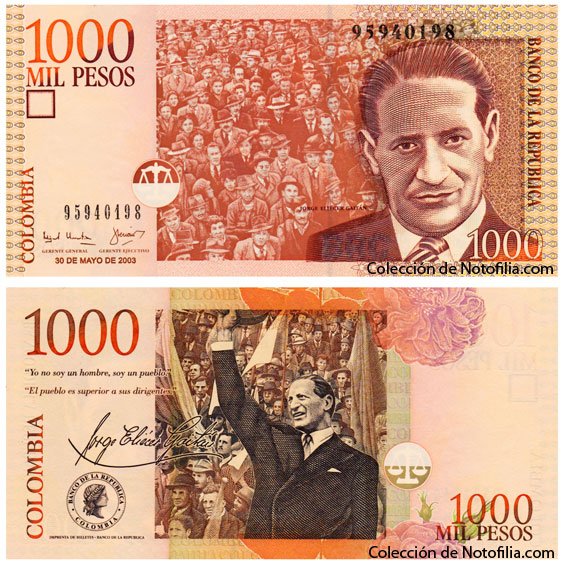 Billete de Mil Pesos de El Banco de la República, Colombia, fechado 30 de mayo de 2003, con el retrato de Jorge Eliécer Gaitán